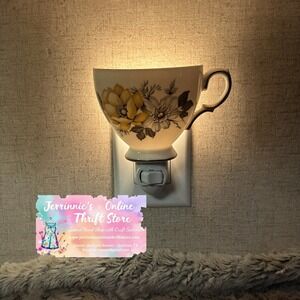 Vintage Upcycled Teacup Night Light Floral Yellow Grey Ceramic Plug In Lamp